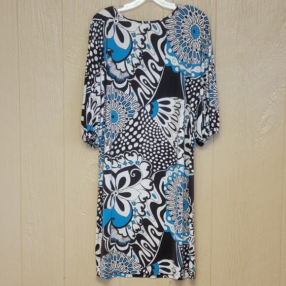 Marc Bouwer Midi Dress sz M Brown Teal Cream Geometric Floral Midi Straight - Picture 4 of 6